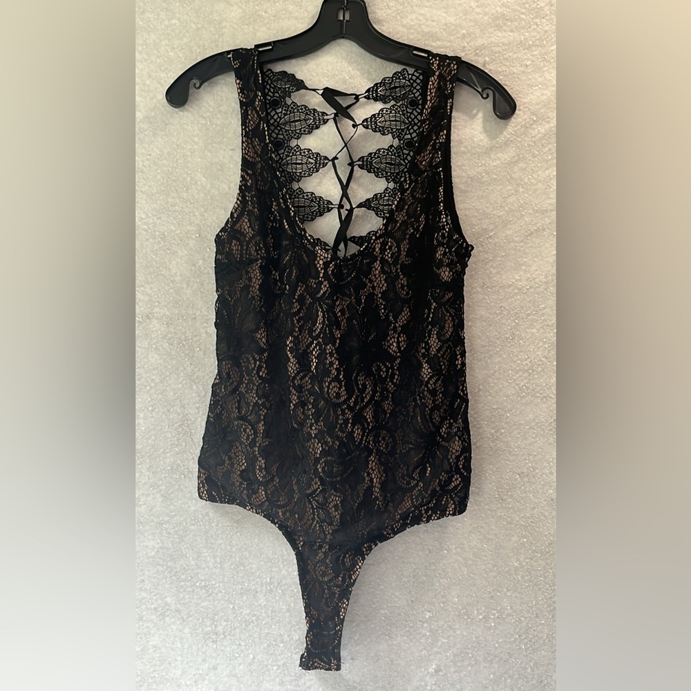 G by Guess Black Lace Up Teddy Bodysuit Size Small Romantic Fairy
